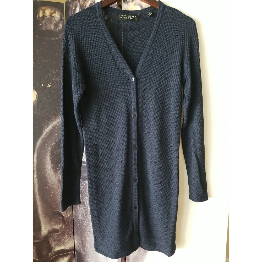 Linda Allard Ellen Tracy Long Button V Neck Blue Cardigan Sweater Size P